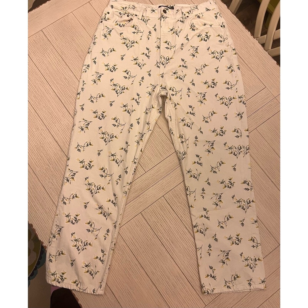 Nasty Gal cream‎ & blue floral print high waist straight leg jeans. Sz 12 Cotage